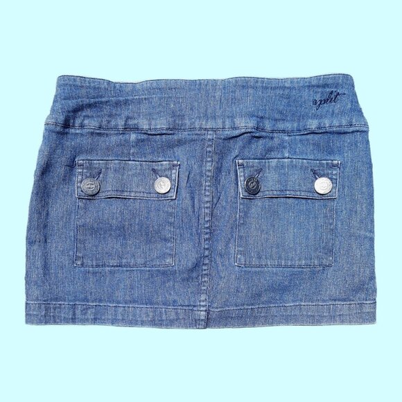 Y2K Micro Mini Denim Skirt Womens Size 9 Low Rise Flap Pockets Wide waistband - Picture 2 of 7